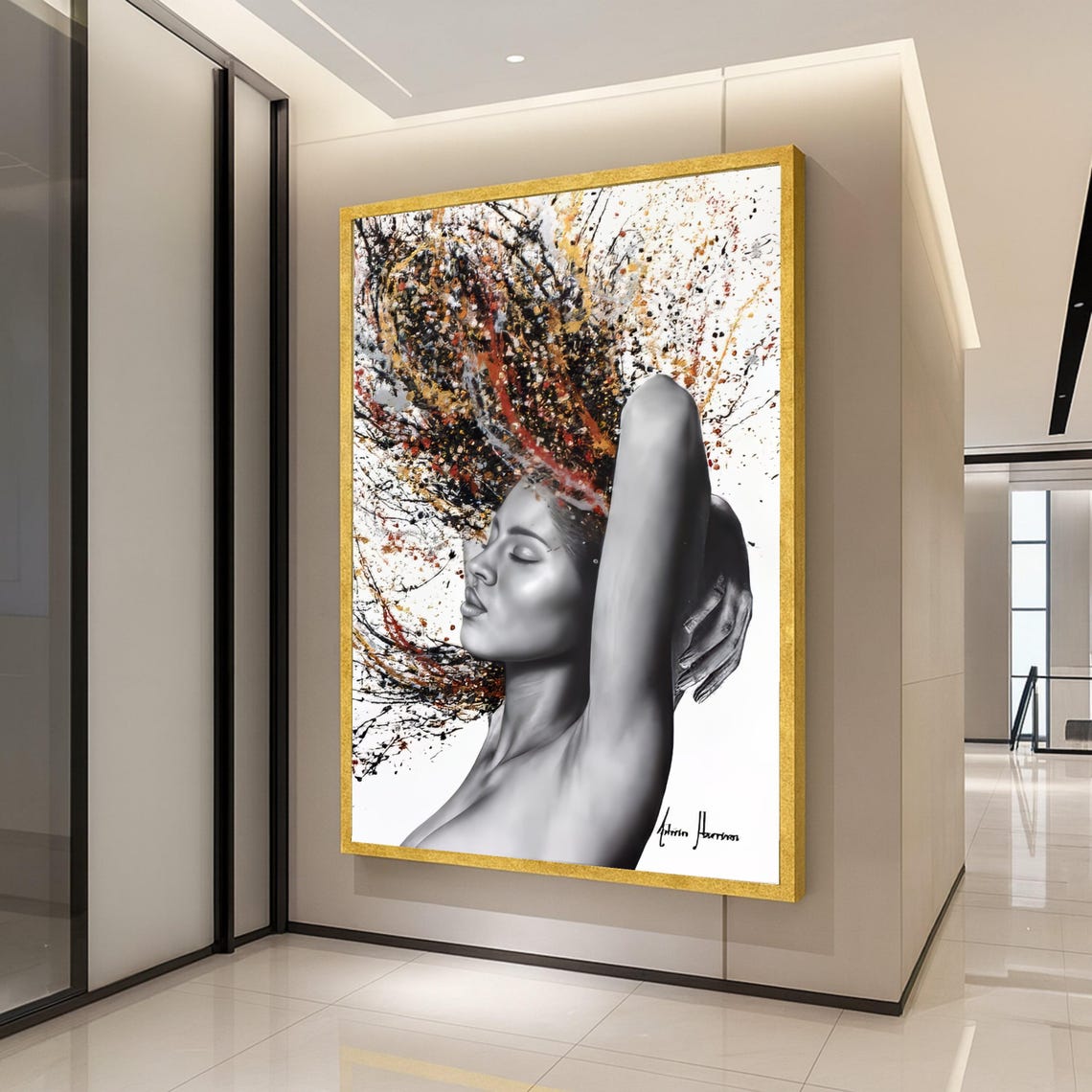 Woman With Exploding Paint Splash Hair Black White Gold Art Poster