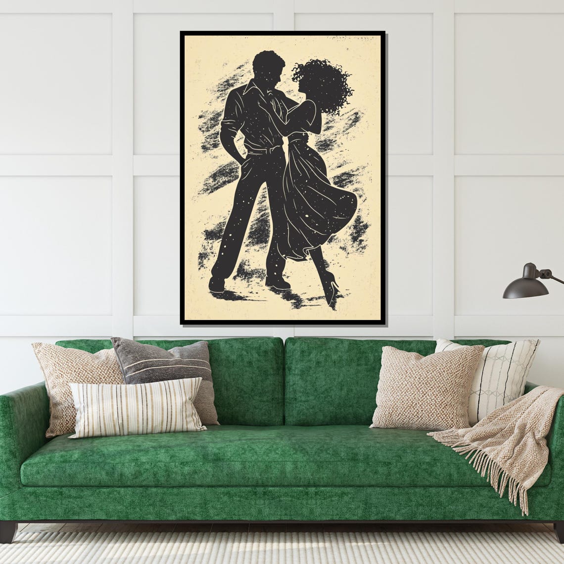 Dancing Couple Silhouette in Black on Cream Vintage Art Poster - Image 5