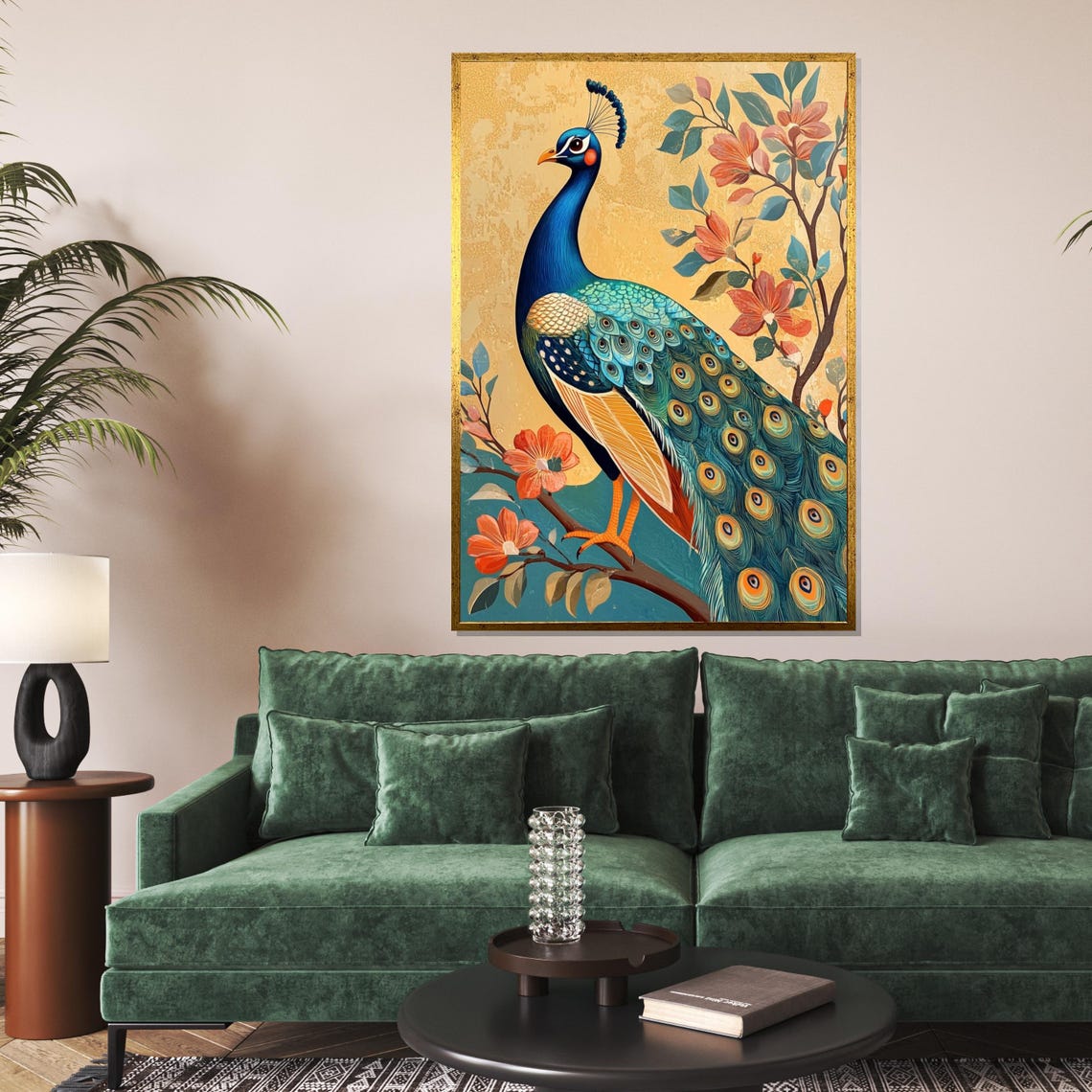 Peacock Golden Background Orange Blossoms Elegant Bird Art Poster