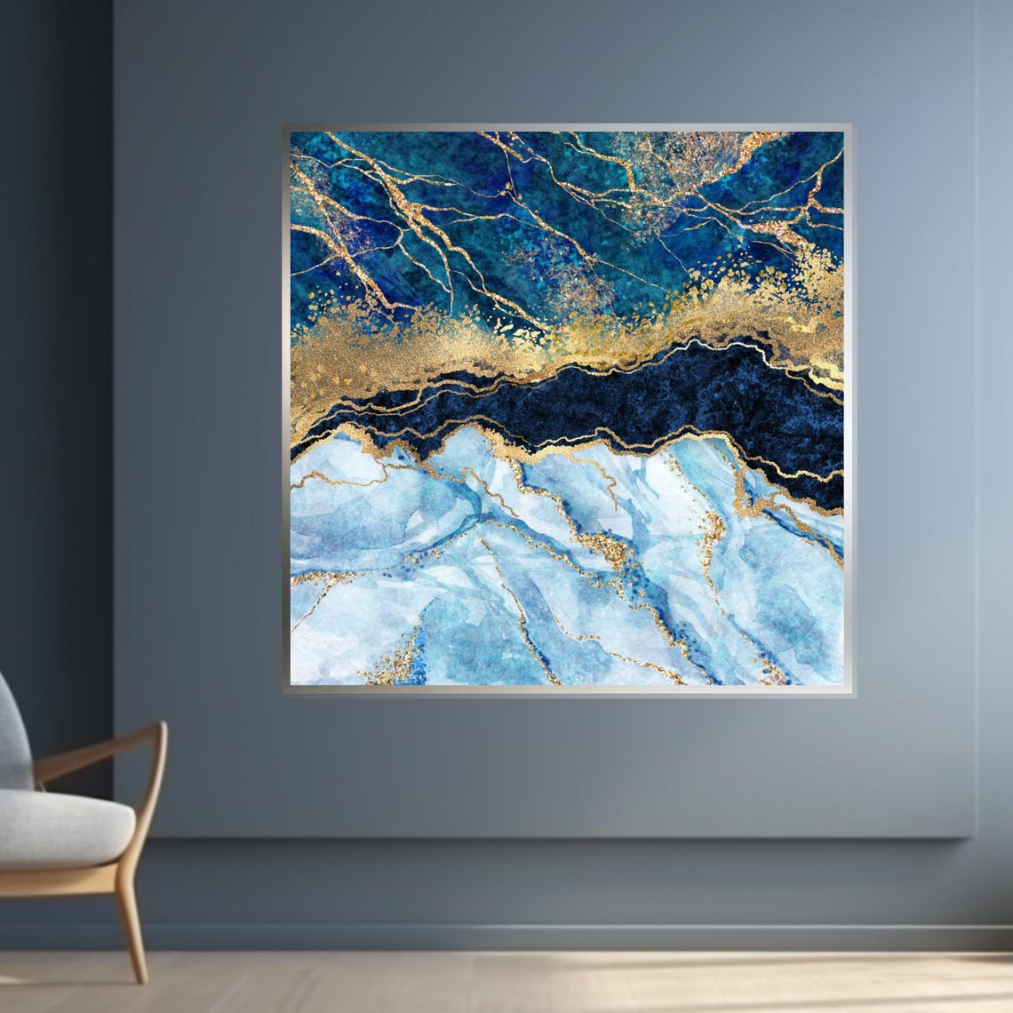 Blue Marble Gold Veins Luxury Abstract Stone Swirl Elegant Wall Art - Image 4