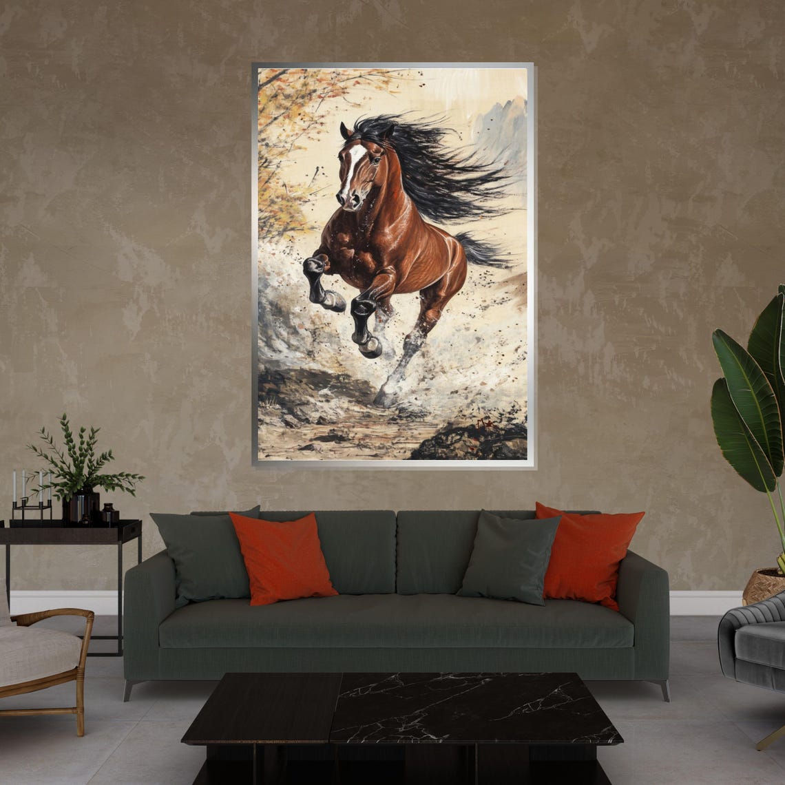 Brown Horse Galloping Autumn Trees Splash Dynamic Equine Art Poster - Image 4
