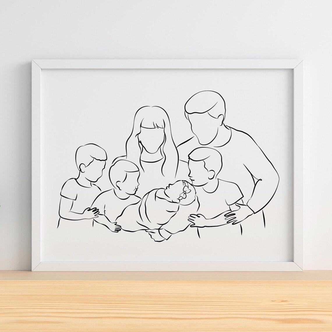 Mom Dad 3 Sons and Baby Girl Line Art Newborn Family of Six Poster