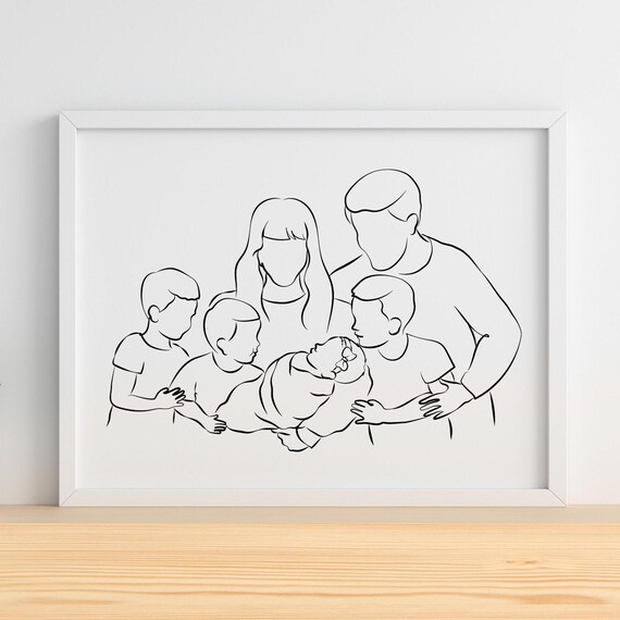 Mom Dad 3 Sons and Baby Girl Line Art Newborn Family of Six Poster