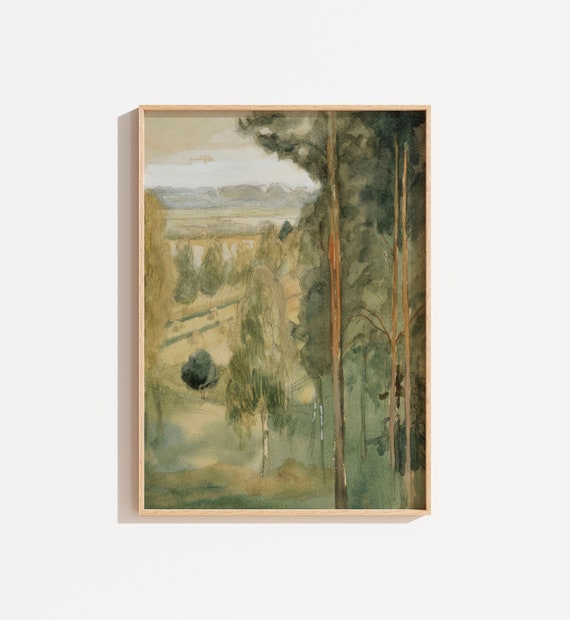 Vintage Tree Landscape Painting Antique Meadow Wall Art Green Landscape Country Farmhouse Sage Green