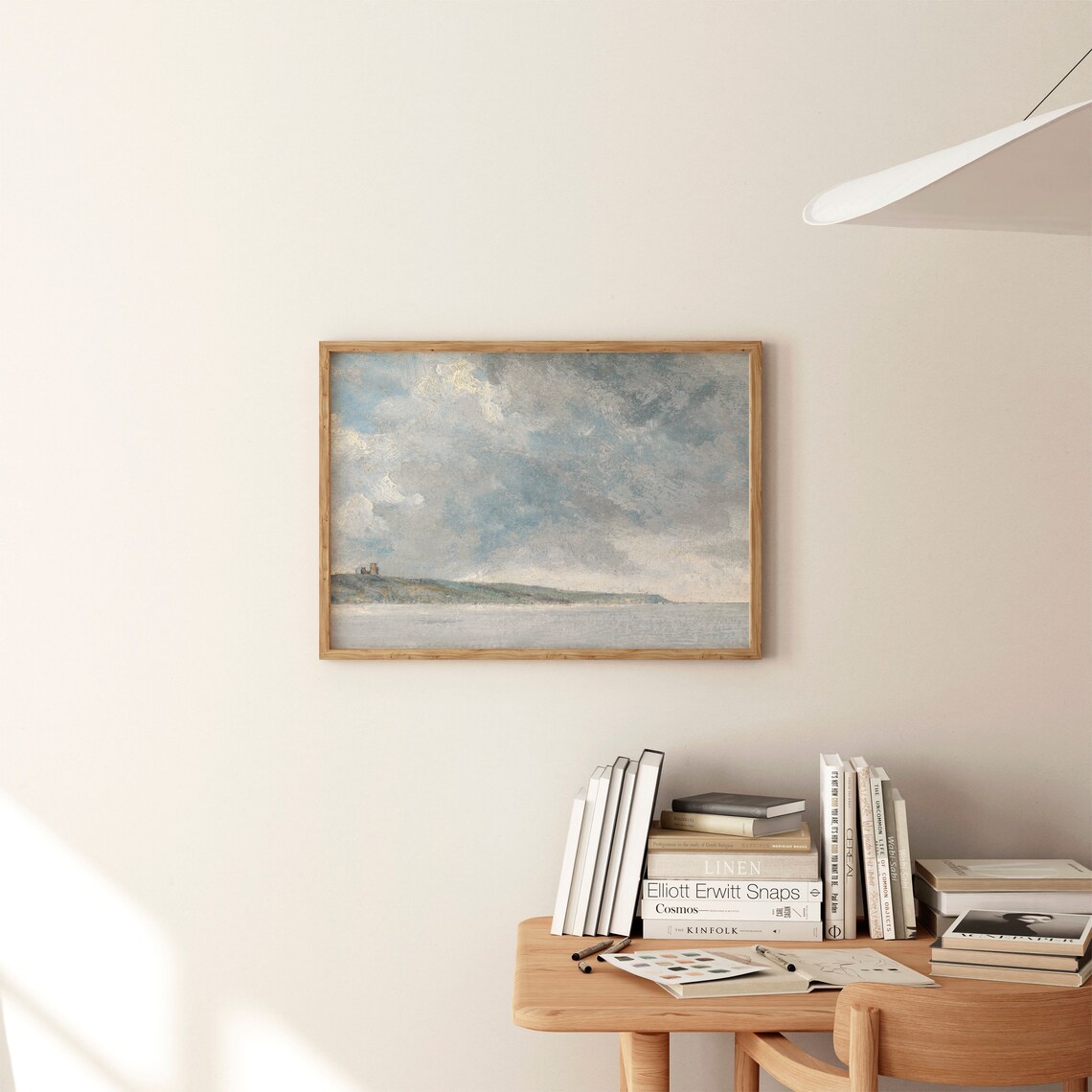 Moody Gray Coastal Cliff Seascape Antique Oil Painting Stormy Sky Wall Art - Image 4