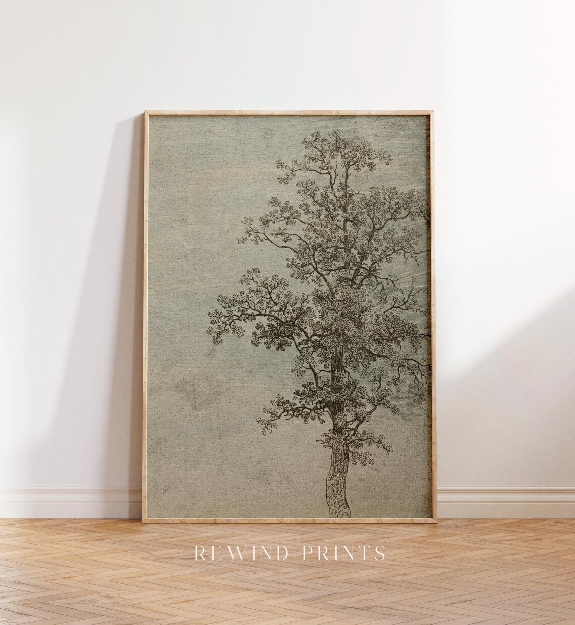 Vintage Sage Green Muted Tree Drawing Landscape Art - Image 5