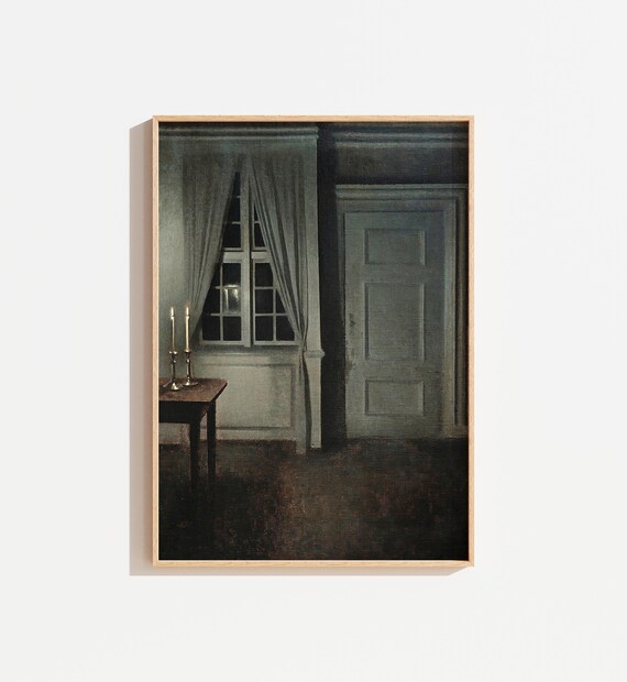 Vintage Moody Still Life Painting Art Dark Victorian Antique Wall Art Painting Of House With Candlelight