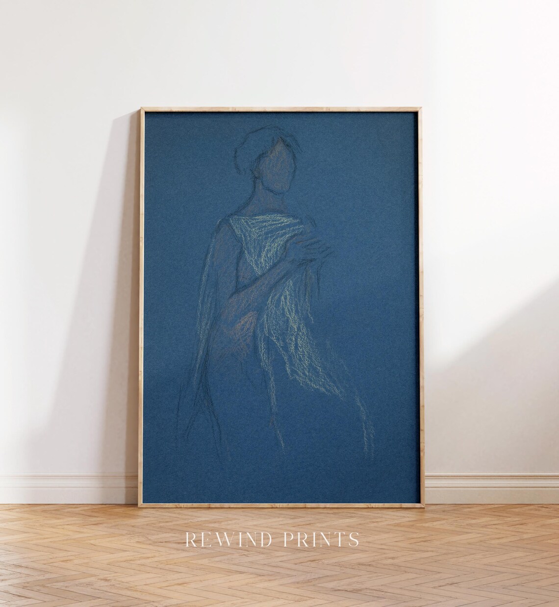 Antique Blue Drawing of Woman, Vintage Abstract Sketch - Image 2