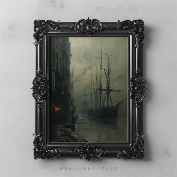 Dark Vintage Ship Harbor Painting Nautical Seascape Art Print Moody Victorian Coastal Ocean Maritime Wall