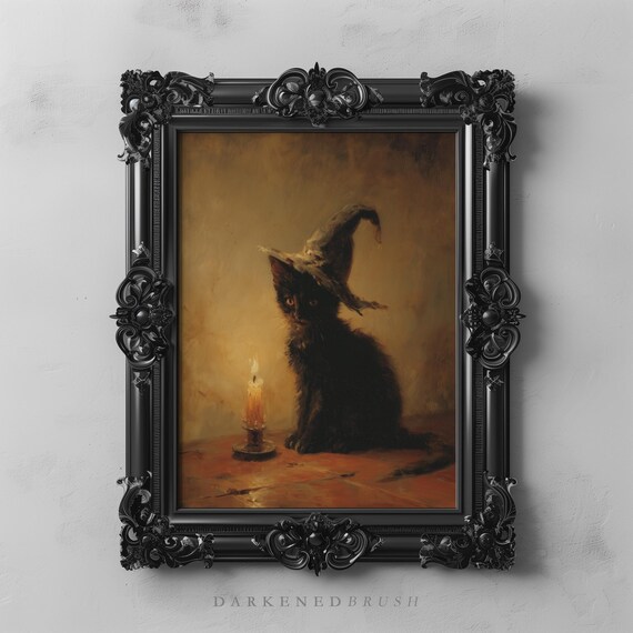 Black Cat Watching Candle In Dark Room Whimsical Pet Witchcore Vintage Halloween Wall Art Autumn Oil Painting Decor 290