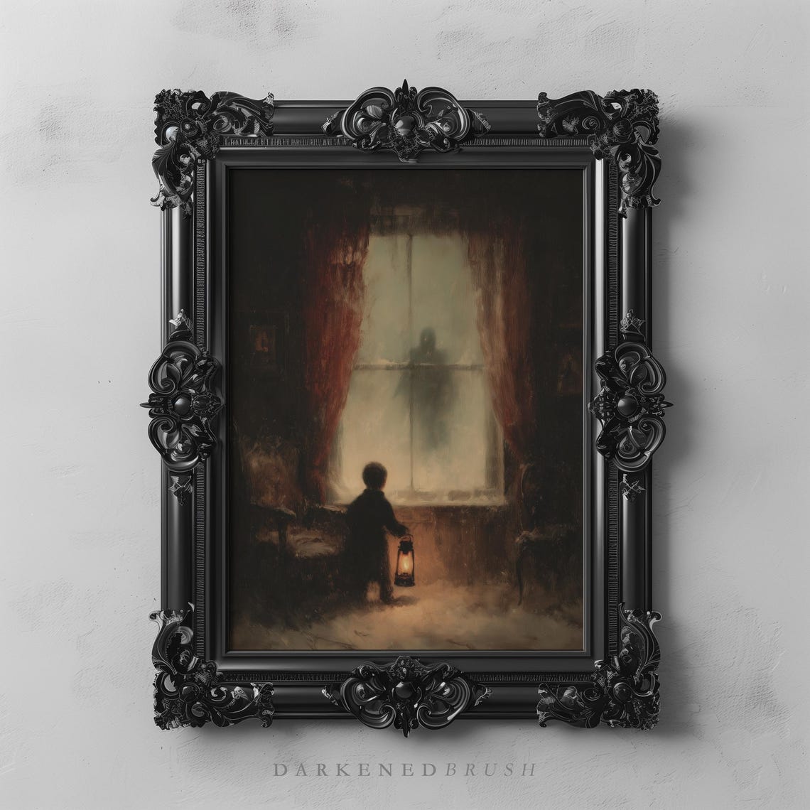 Victorian Child with Lantern Watching Santa Silhouette Snowy Poster