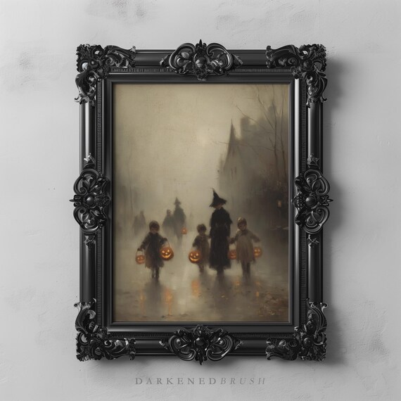 Children Trickortreating In Foggy Town Seasonal Spooky Gothic Vintage Halloween Street Art Dark Autumn Decor Fall 274