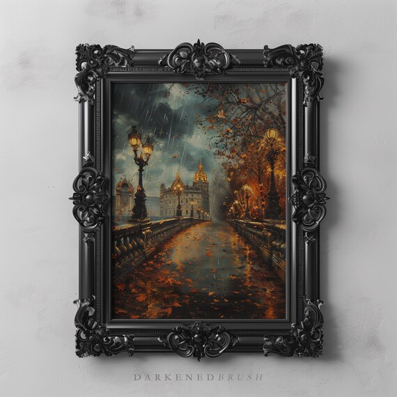Autumn Cityscape Rainy Night Art Romantic Paris City Lights Leaves Fall Wall Moody Vintage Decor