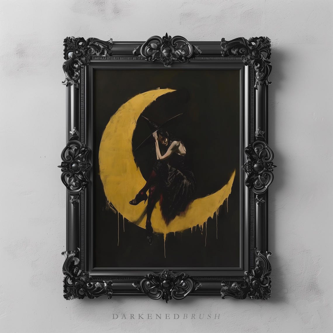Witch On Crescent Moon Gothic Dark Moody Celestial Art Poster