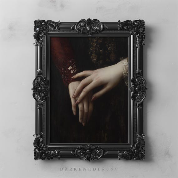 Victorian Lovers Hands Art Gothic Romance Dark Academia Wall Decor Touching Elegance Vintage Classical Baroque Painting