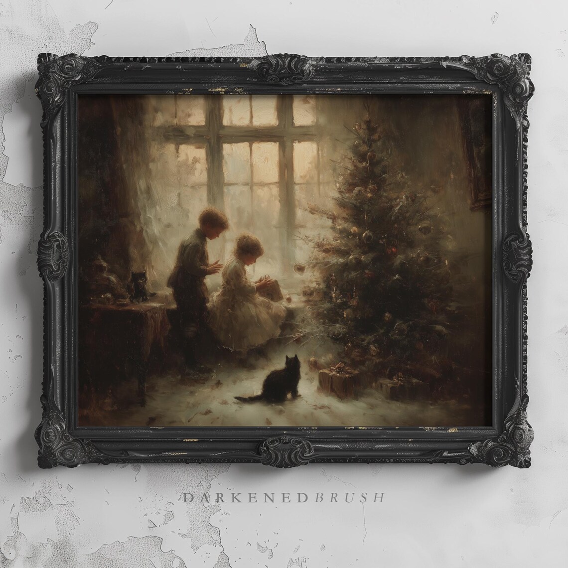 Victorian Children Christmas Tree Gifts Dark Vintage Holiday Wall Art