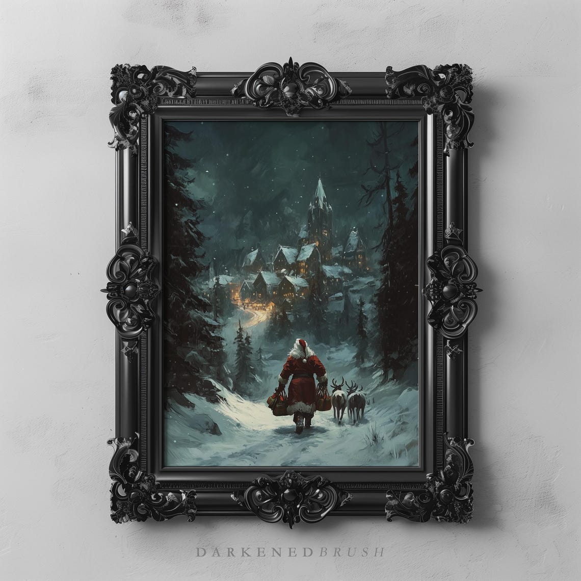 Santa Claus Reindeer Art Christmas Village Oil Painting Festive Holiday Decor Vintage Cozy Winter Night Wall Xmas Print