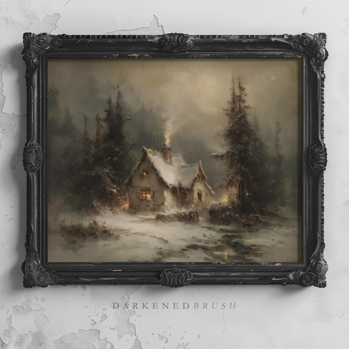 Cozy Snowy Cottage Twilight Winter Warm Glow Painting Poster
