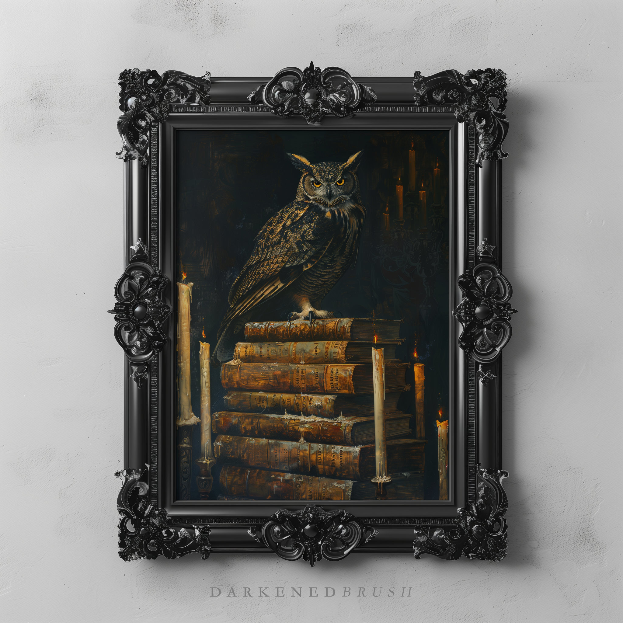 Gothic Owl on Vintage Books, Dark Academia Art Print
