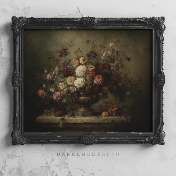 Vintage Overflowing Floral Arrangement On Stone Table Gothic Botanical Still Life Art Dark Romantic Classical Flowers Decor 255