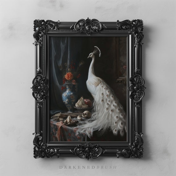 Victorian Floral White Peacock Art Print Painting Vintage Animal Wall Antique Oil Dark Academia Room Decor Bird