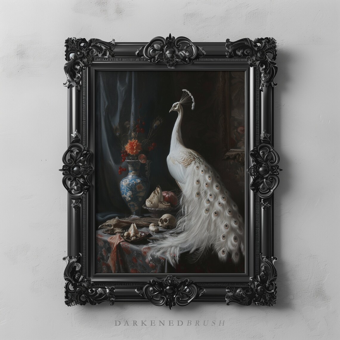 White Peacock Victorian Still Life Vase Flowers Dark Moody Oil Poster
