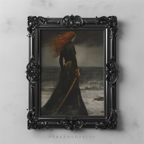 Victorian Princess With Sword Seascape Art Painting Dark Gothic Oil Wall Moody