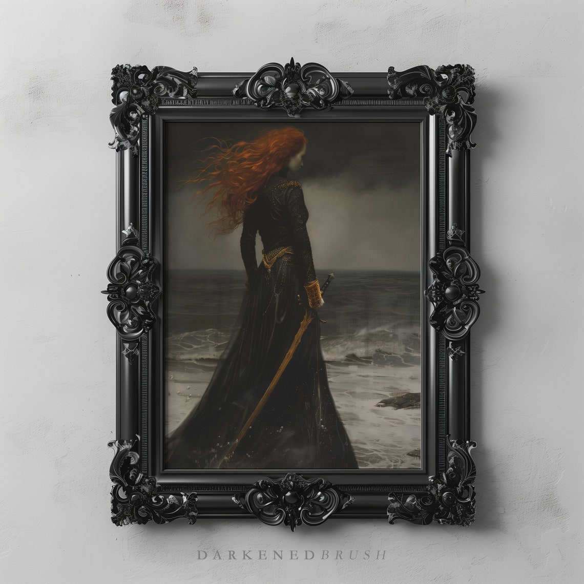 Victorian Princess With Sword Seascape Art Painting Dark Gothic Oil Wall Moody