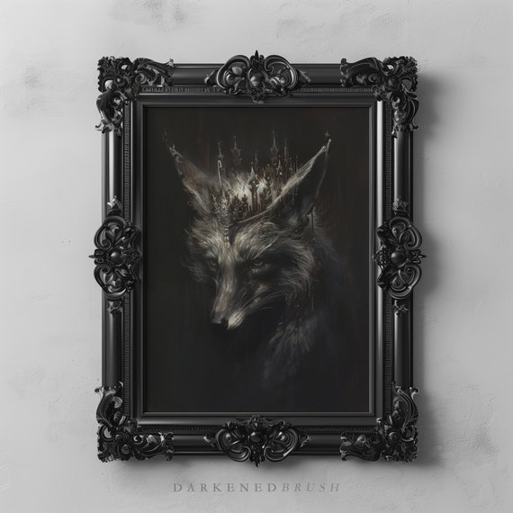 Crowned Silver Fox Art Wild Animal Wall Dcor Dark Academia Print Gothic Vintage Oil Painting Gifts Arts