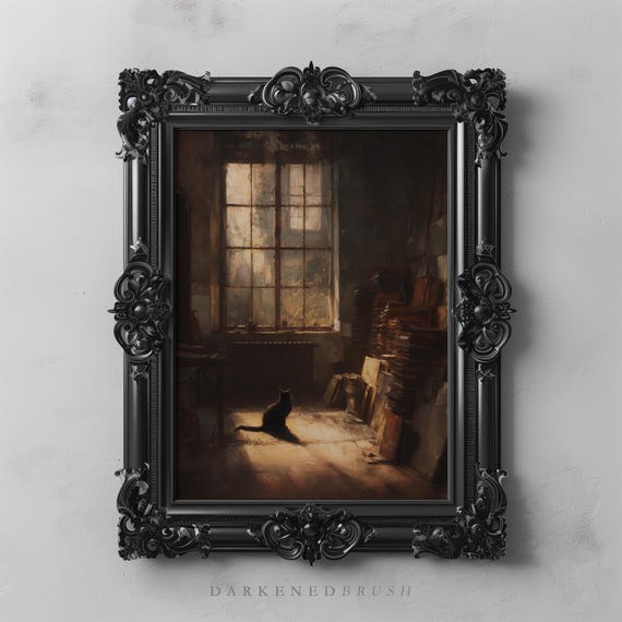 Vintage Black Cat In Sunlit Dark Academia Studio With Frames Papers And Dust Gothic Still Life Oil Painting Art Decor 324