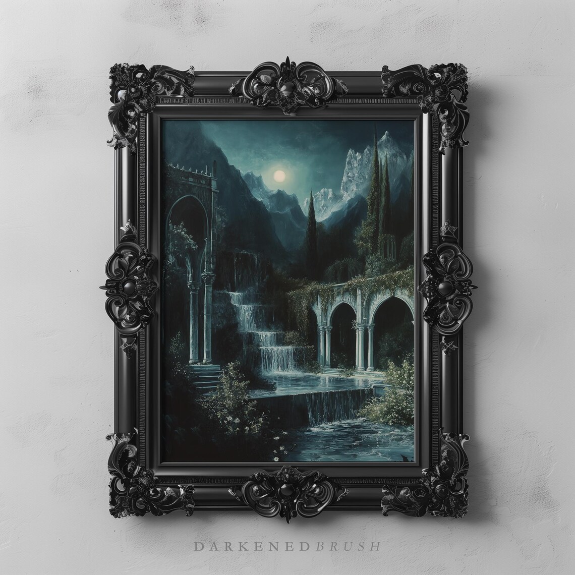 Waterfalls Under Gothic Arches, Dark Academia Print