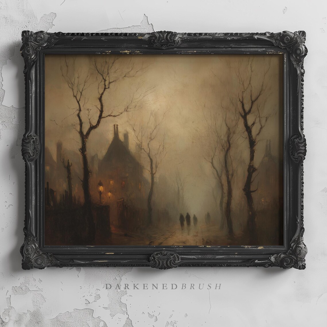 Gothic Church With Bare Trees And Mist Haunted Fall Autumn Landscape Wall Art Spooky Halloween Decor Dark Academia