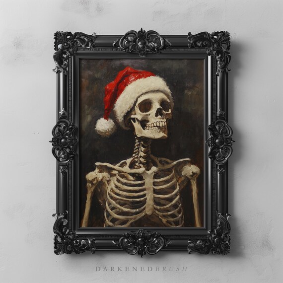 Skeleton Santa Hat Dark Academia Gothic Christmas Holiday Wall Art