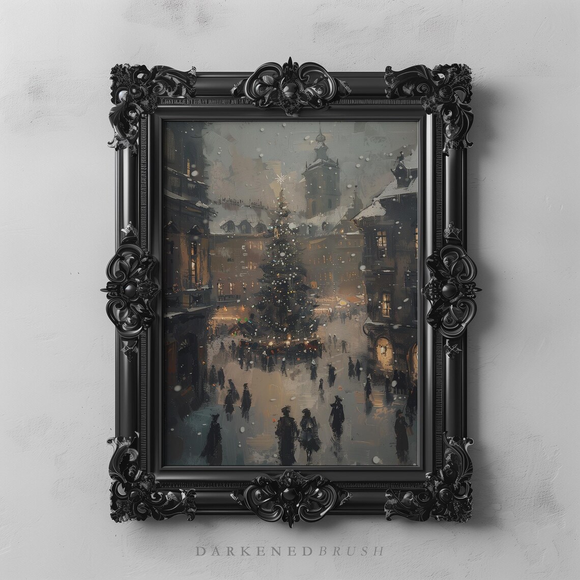 Victorian Christmas Market Snowy Town Square Holiday Art Poster