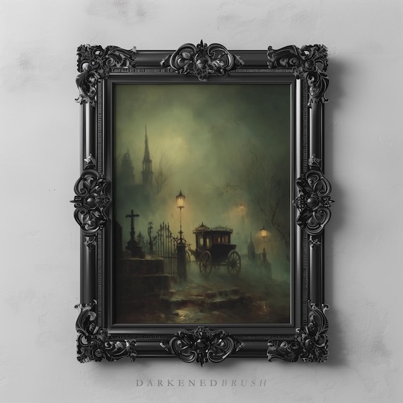 Vintage Carriage Near Graveyard With Lanterns In Fog Gothic Halloween Wall Art Victorian Dark Academia Oil Painting 245