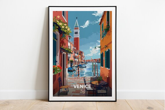 Venice Italy Sunny Canal Bell Tower View Travel Illustration Poster