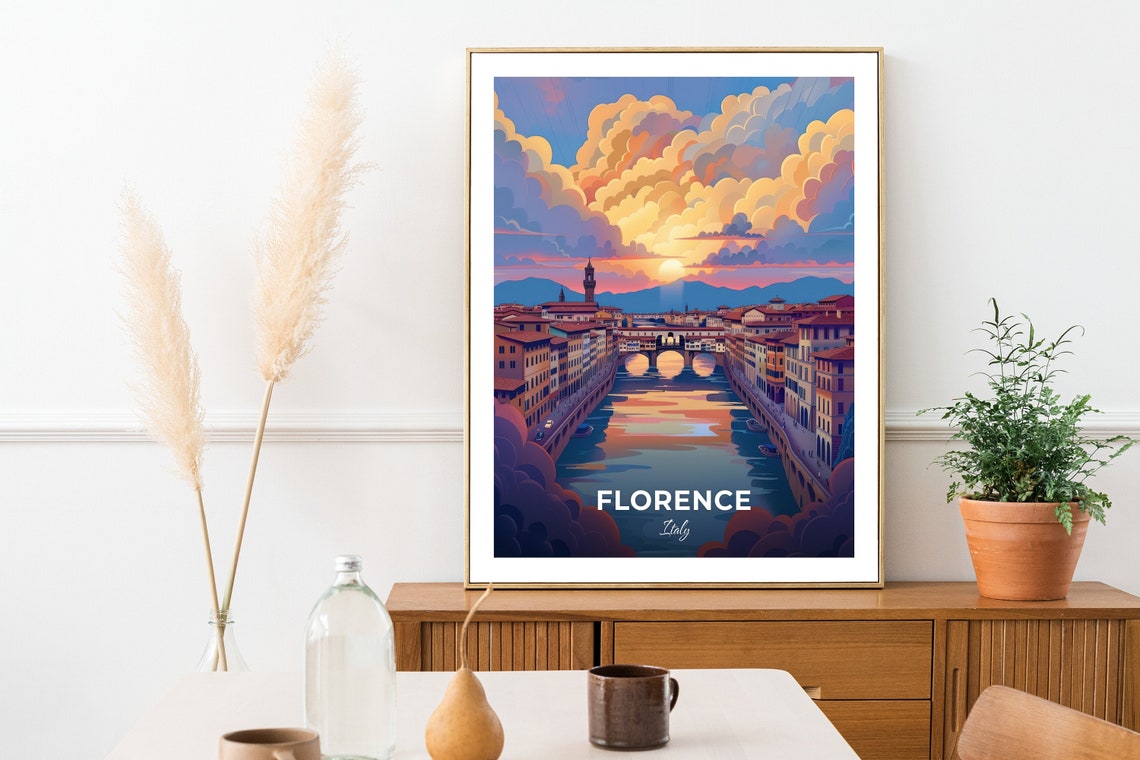 Florence Ponte Vecchio Arno River Sunset Glow Italy Travel Poster - Image 2