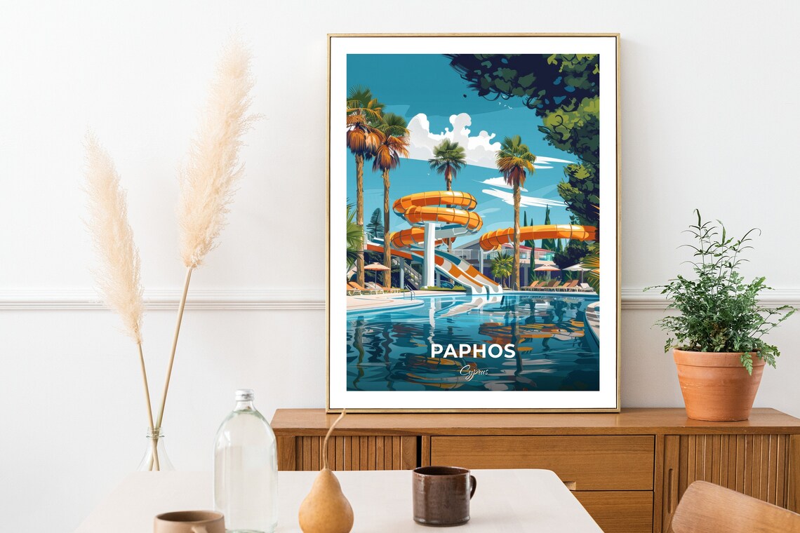 Paphos Cyprus Water Park Slides Palm Trees Travel Art Poster - Image 2