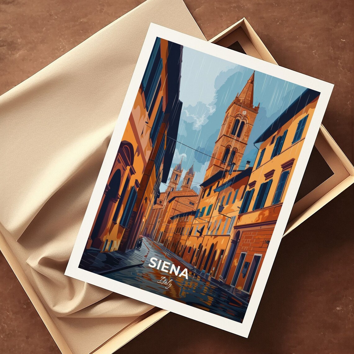 Siena Italy Rainy Medieval Street Bell Tower Evening Travel Poster - Image 3