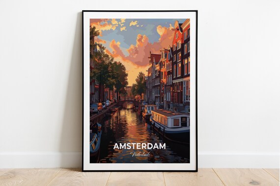 Amsterdam Jordaan Canal Sunset Houseboats Golden Reflections Travel Poster