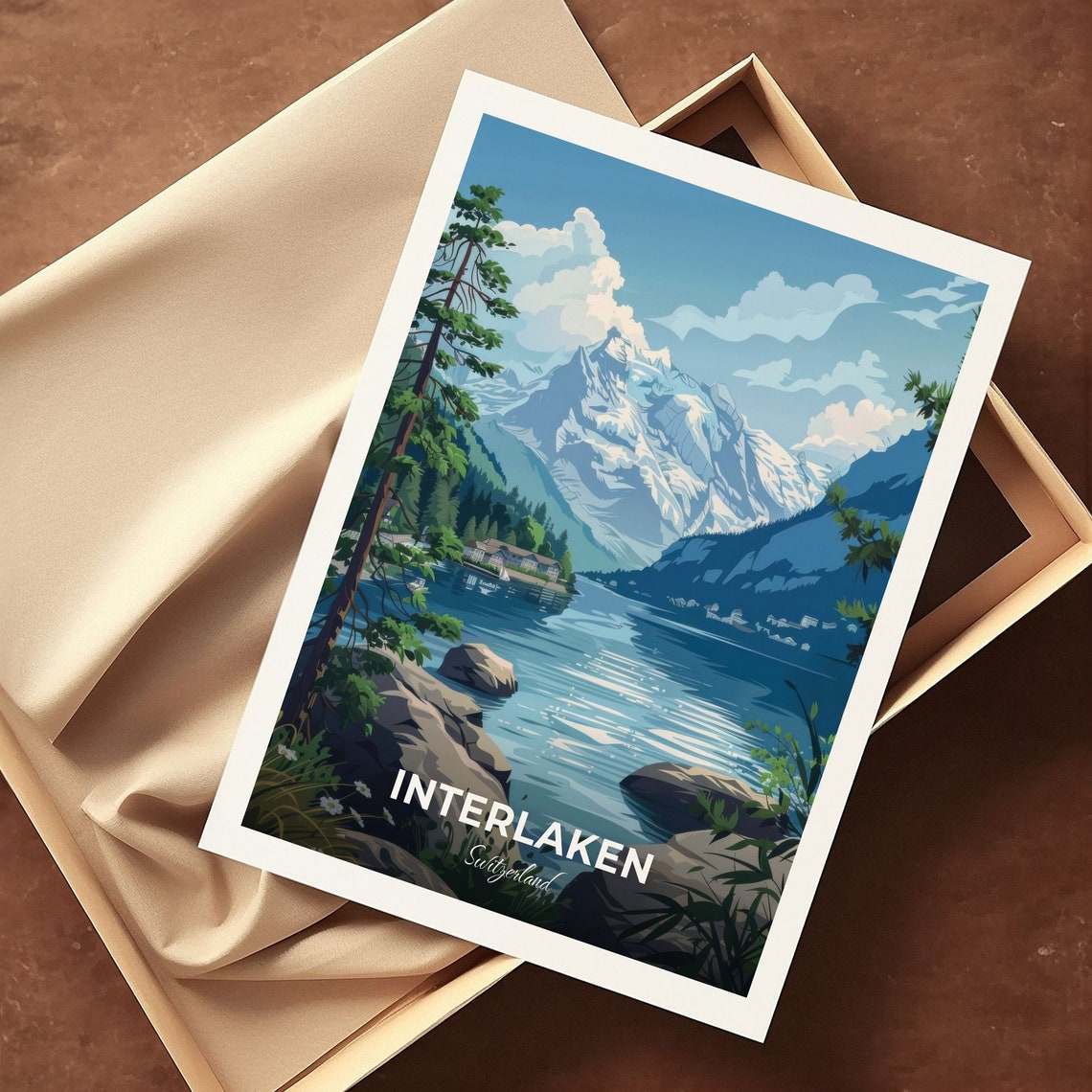 Interlaken Switzerland Travel Poster Snow Peaks Mirror Lake Artwork - Image 3