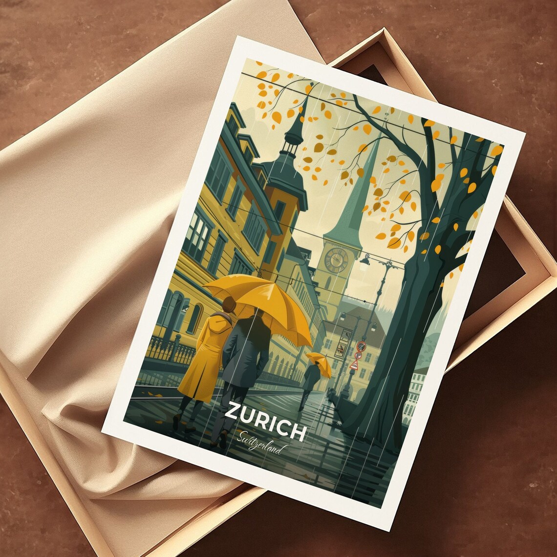 Zurich Switzerland Rainy Old Town Street Umbrellas Couple Art Poster - Image 3