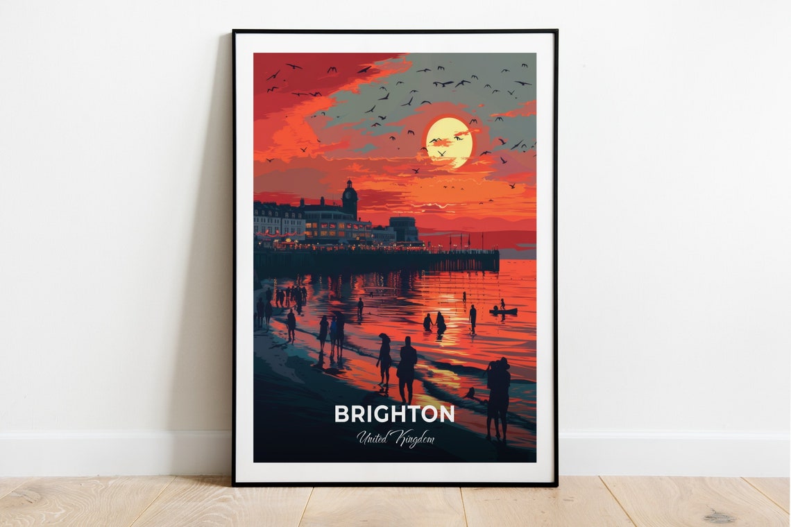 Brighton Beach Sunset Over the Pier United Kingdom Travel Poster