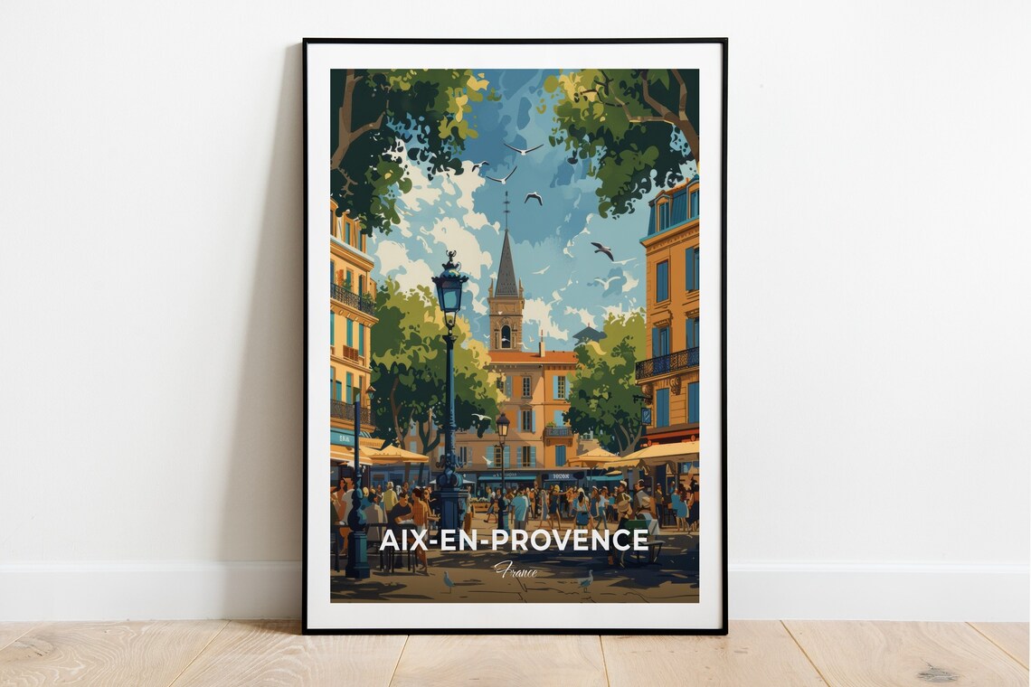 Aix-en-Provence Cours Mirabeau Cafes Church France Vintage Travel Poster