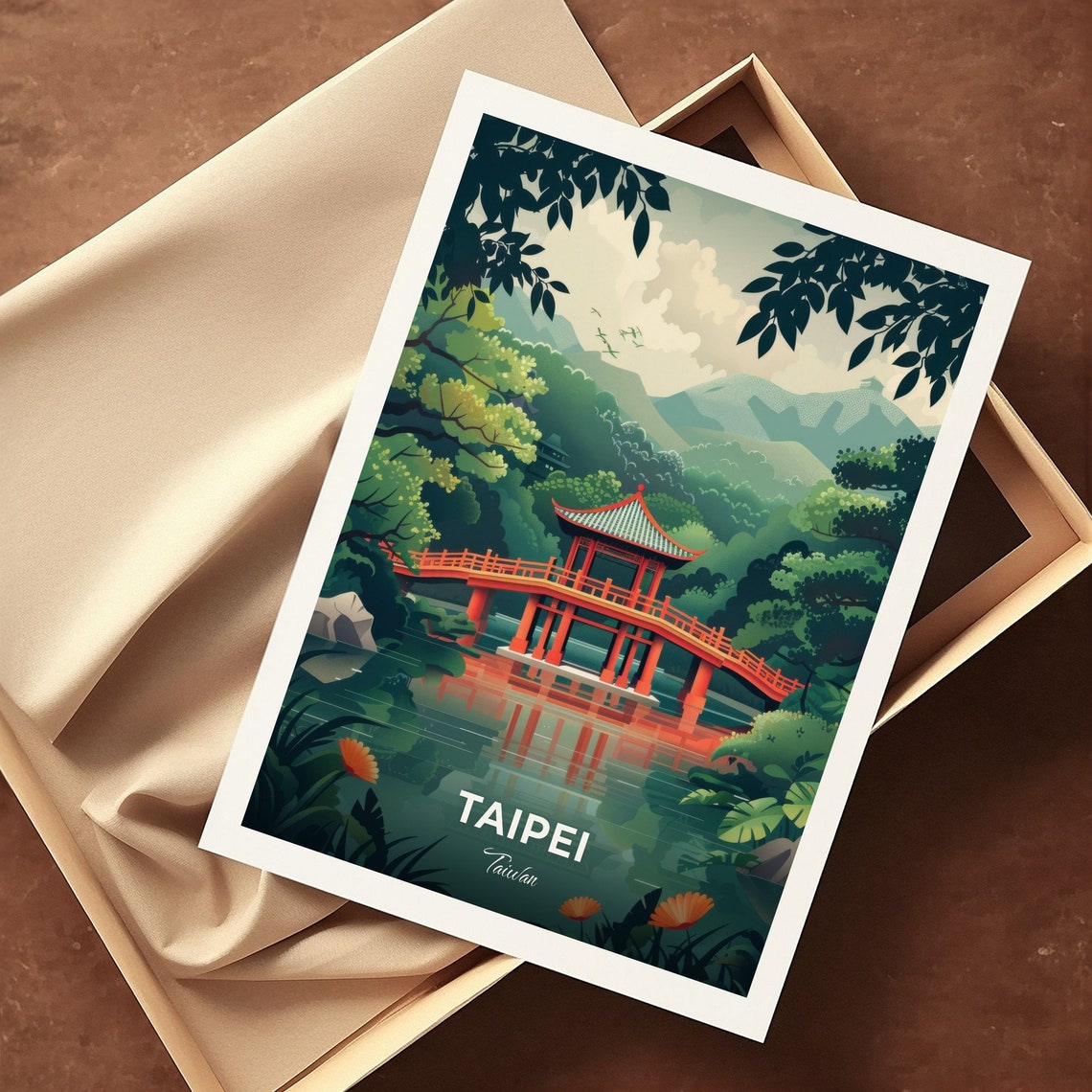 Taipei Lakeside Pavilion Bridge Forest Reflection Travel Scene Poster - Image 3
