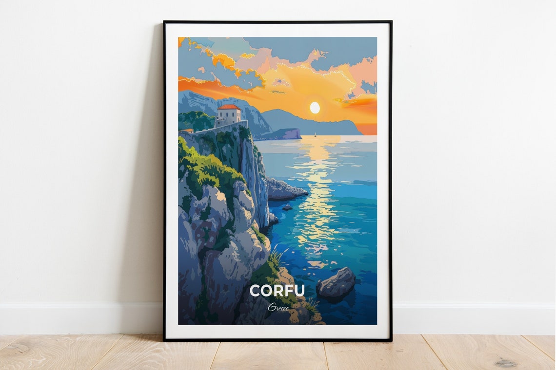 Corfu Greece Cliffside Chapel Sunset Ionian Sea View Travel Poster