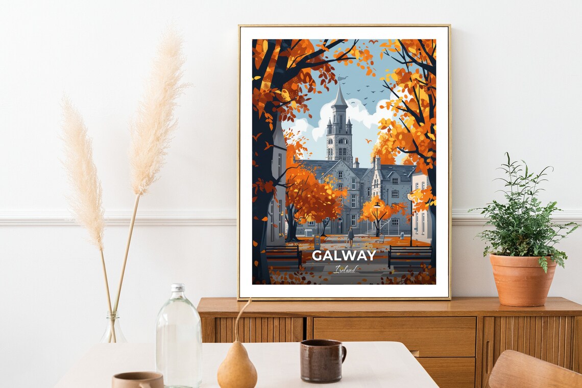 Galway Autumn Courtyard Historic Clock Tower Ireland Travel Poster - Image 2