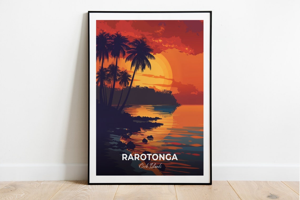 Rarotonga Cook Islands Palm Silhouette Sunset Glow Travel Poster