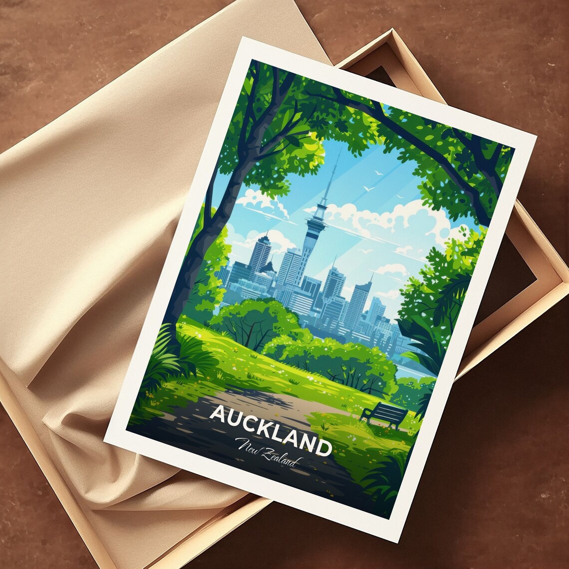 Auckland New Zealand Sunny Park View Of Sky Tower Skyline Poster - Image 3