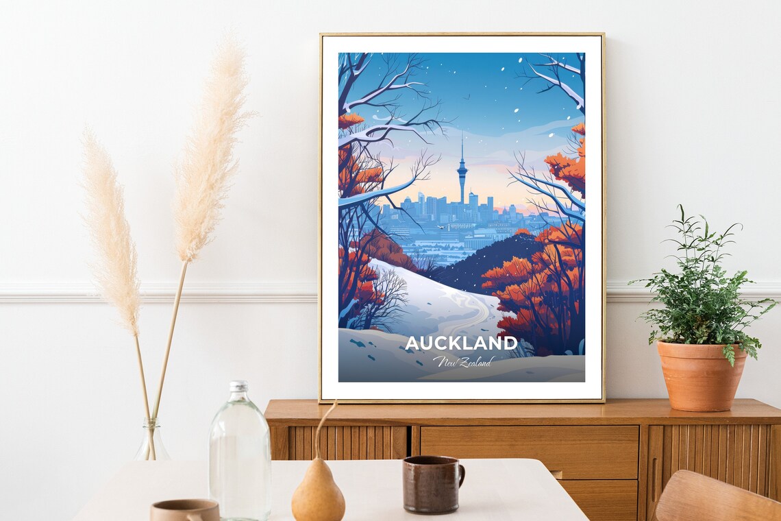 Auckland Winter Snow Sky Tower City View New Zealand Vintage Travel Poster - Image 3